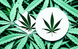 A cannabis leaf in the foreground with a medical cross symbol in the background