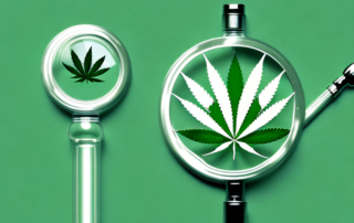 A marijuana plant with a magnifying glass focusing on its buds