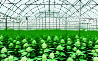 A lush cannabis farm with greenhouses in the backdrop