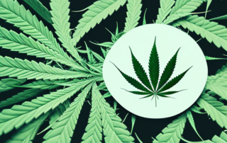A hemp plant with magnifying glass focusing on its leaves
