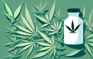 A medical prescription bottle with cannabis leaves spilling out of it