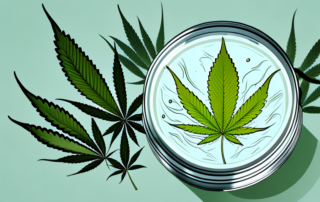 A cannabis leaf being infused into a jar of salve