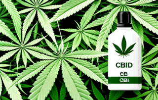 A bottle of cbd extract surrounded by hemp leaves