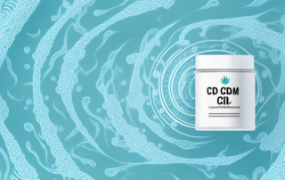 A cbd-infused cream jar with a pharmacy backdrop