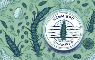 A jar of hemp salve surrounded by hemp leaves and various natural ingredients like lavender and chamomile