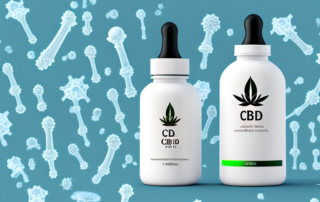 A cbd oil bottle and dropper with a background of joint bones
