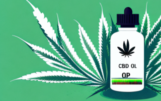 A dropper bottle of cbd oil with a hemp leaf in the background