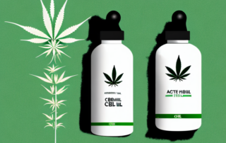 A cbd cannabis oil dropper bottle with a hemp leaf in the background
