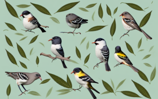 A variety of bird species enjoying different types of hemp birdseed products in a serene garden setting