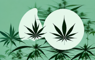 A serene landscape with a cannabis plant in the foreground