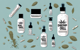A bottle of hemp oil surrounded by various objects representing its diverse uses