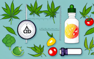 A cbd oil bottle with a measuring tape around it