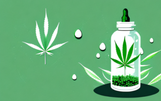 A hemp plant with droplets of cbd oil falling from its leaves into a small