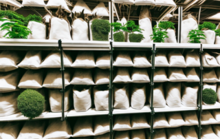 Various types of soil bags stacked on shelves in a hardware store