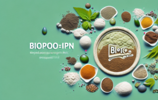A scoop of bio-hanfprotein surrounded by various organic elements like hemp plants and seeds