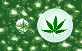 A hemp plant with oil droplets falling from its leaves into a small