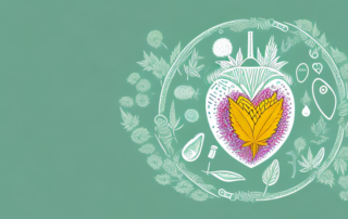 A bottle of hemp oil surrounded by various health-related symbols such as a heart