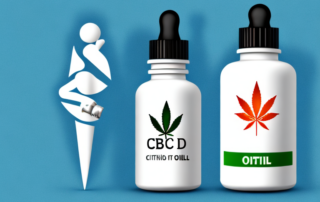 A cbd oil bottle next to a stylized image of a joint