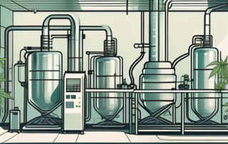 A futuristic laboratory with various hemp plants being processed through advanced machinery