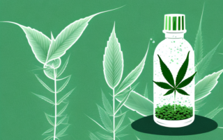 A hemp plant with oil droplets dripping from its leaves into a small