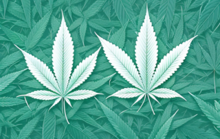 A cannabis leaf with various scientific elements like molecular structures and chemical formulas