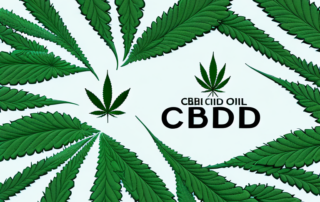 A cbd oil dropper with a few hemp leaves in the background