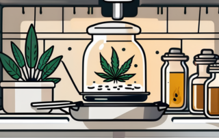 A glass jar filled with cannabis oil placed inside an open oven