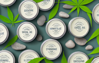 Several hemp salve jars surrounded by hemp leaves and natural elements like flowers and stones