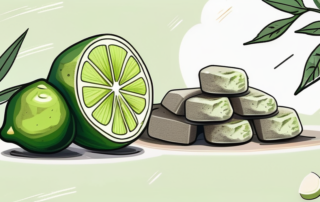 A stack of hemp lime stones with hemp plants and lime slices in the background