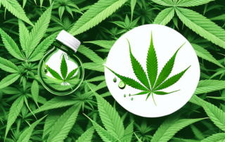 A hemp plant with oil droplets dripping from the leaves into a small glass bottle