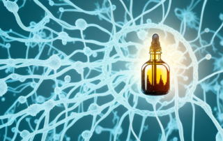 A cbd oil dropper with a few drops falling into a stylized image of a nerve cell network