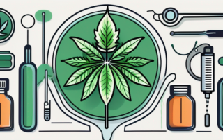 A cannabis plant with various medical tools like a stethoscope