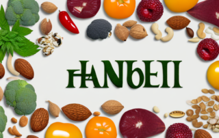 A bottle of hanfsamenöl (hemp seed oil) surrounded by various healthy foods like fruits
