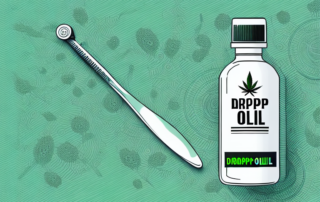 A dropper bottle of hemp oil with a measuring spoon