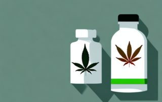 A cannabis plant next to a traditional medicine bottle with a pain relief symbol