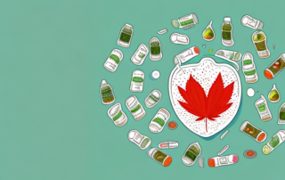 A bottle of hemp oil surrounded by various symbols of health like a heart