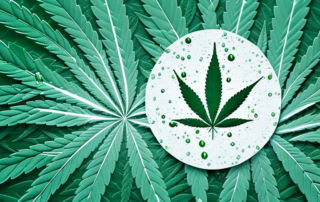 A cannabis leaf with a droplet of oil falling from it