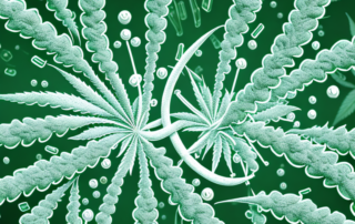 A cannabis plant with a zoomed-in section showing its molecular structure