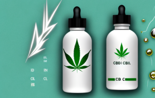 A cbd oil bottle with a hemp leaf on it