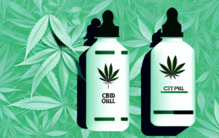 A cbd oil dropper bottle with a few hemp leaves around it