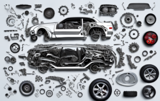 A deconstructed car with its various parts like the engine