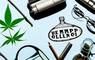 A hemp plant with its seeds and a bottle of hemp oil