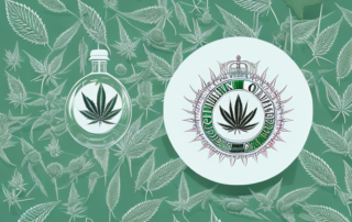 A bottle of hemp oil extract surrounded by various symbols of health and wellness such as a heart