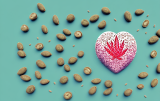 A handful of hemp seeds surrounded by symbols of health such as a heart