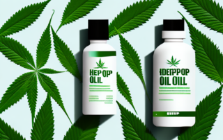 A dropper bottle of hemp oil surrounded by hemp leaves