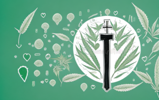 A bottle of hemp oil surrounded by various health symbols like a heart