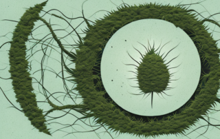 A hemp plant with roots extending into layers of earth