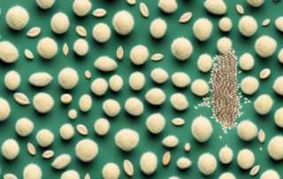 Peeled hemp seeds scattered around a vibrant