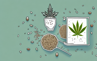 A glass of hemp seed milk surrounded by hemp seeds and a hemp plant