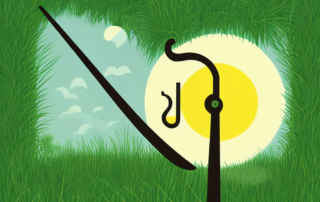 A lush green field of grass with a garden scythe and a basket